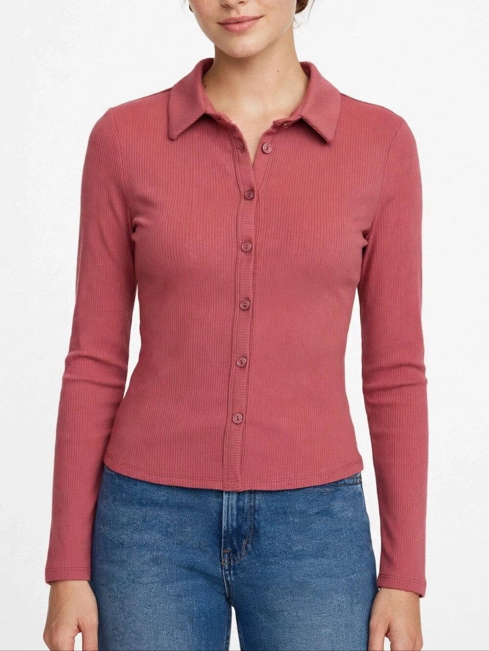 TIMING Women's Ribbed Button Down Shirt Top Size M Long Sleeve Mauve Dusty Rose